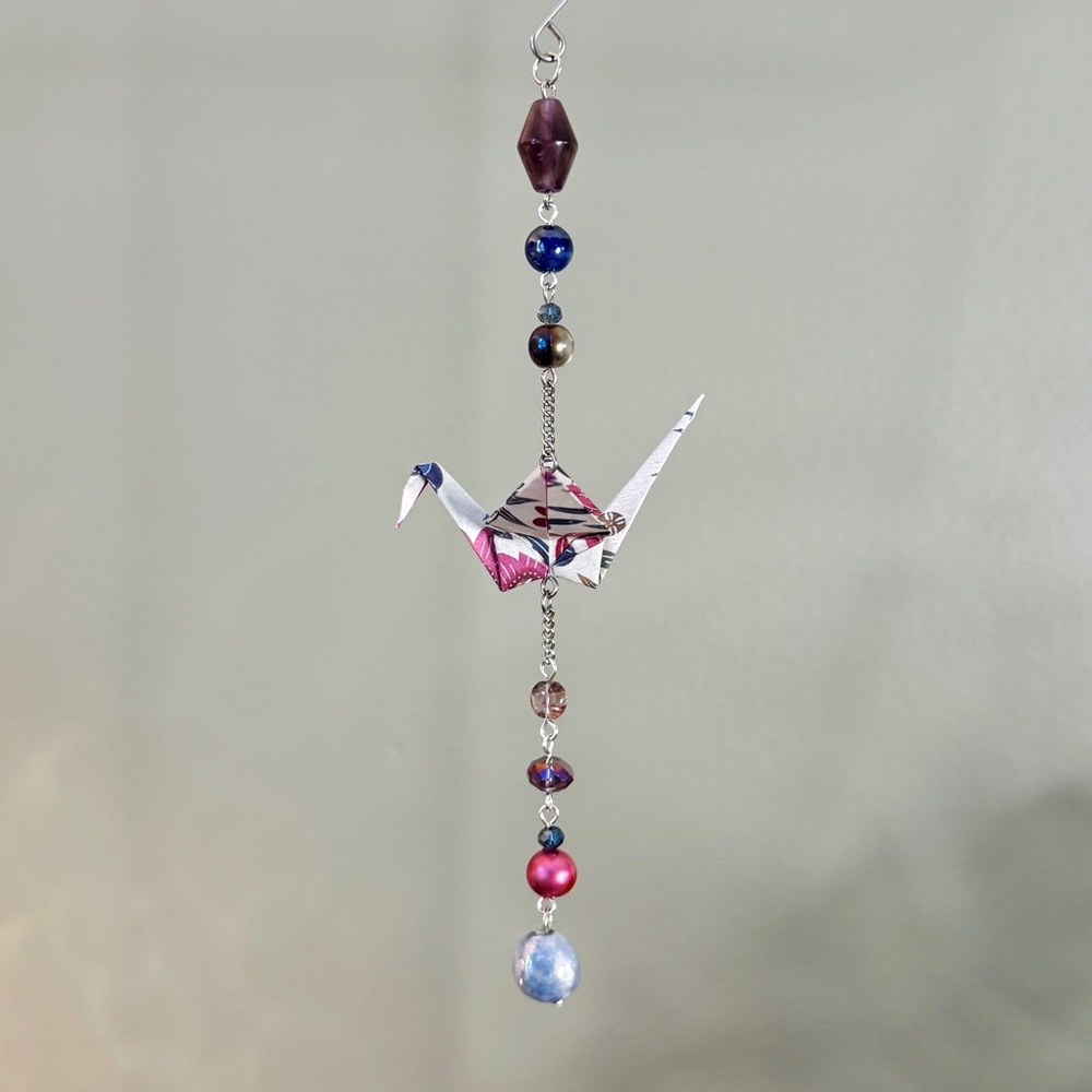 Origami Ornament #2411 - Small Crane with Repurposed Beads